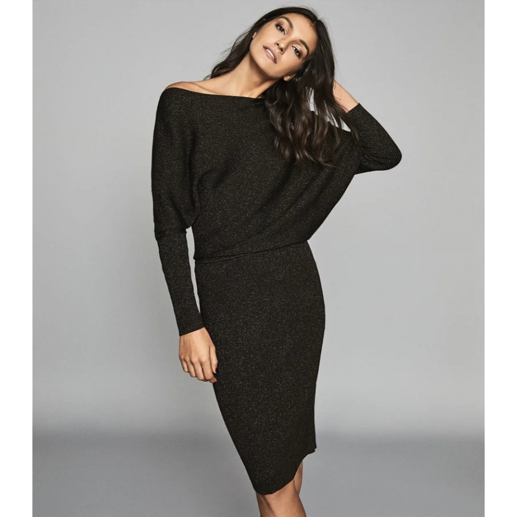 Reiss Vera Metallic Draped One-Shoulder Knit Dress Black Xs